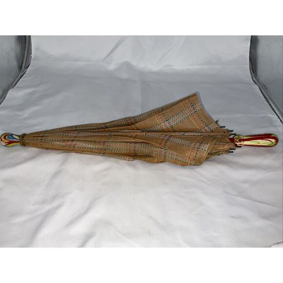 ANTIQUE VICTORIAN PARASOL PINK ORANGE YELLOW BLUE STRIPED MARBILIZED HANDLE - Picture 12 of 12